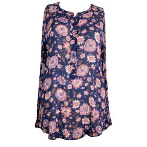 Lucky Brand Shirt Women Sz S‎ Live In Love Navy Blue Pink Floral Tunic Blouse